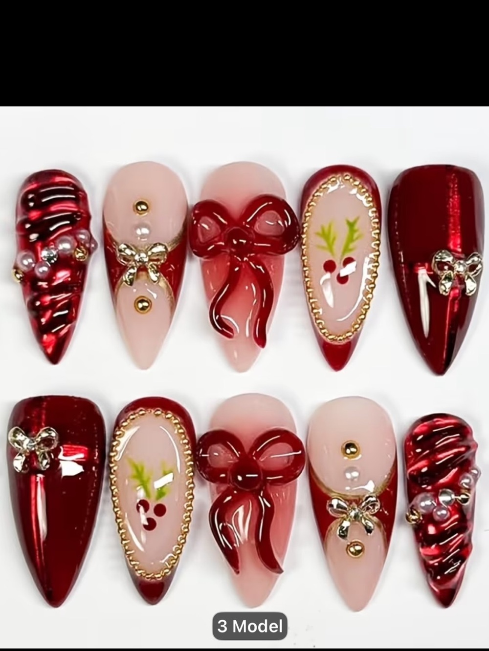 Luxury Red Bow & Pearl Holiday Press-On Nails